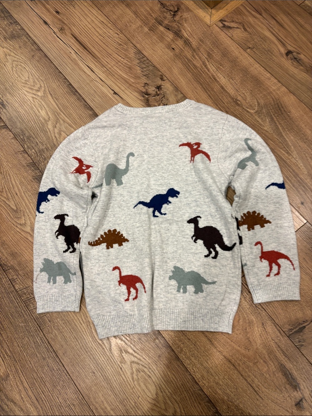deux par deux Light Gray Crewneck Sweater with Multi-Color Dino Motifs - Picture 4 of 5